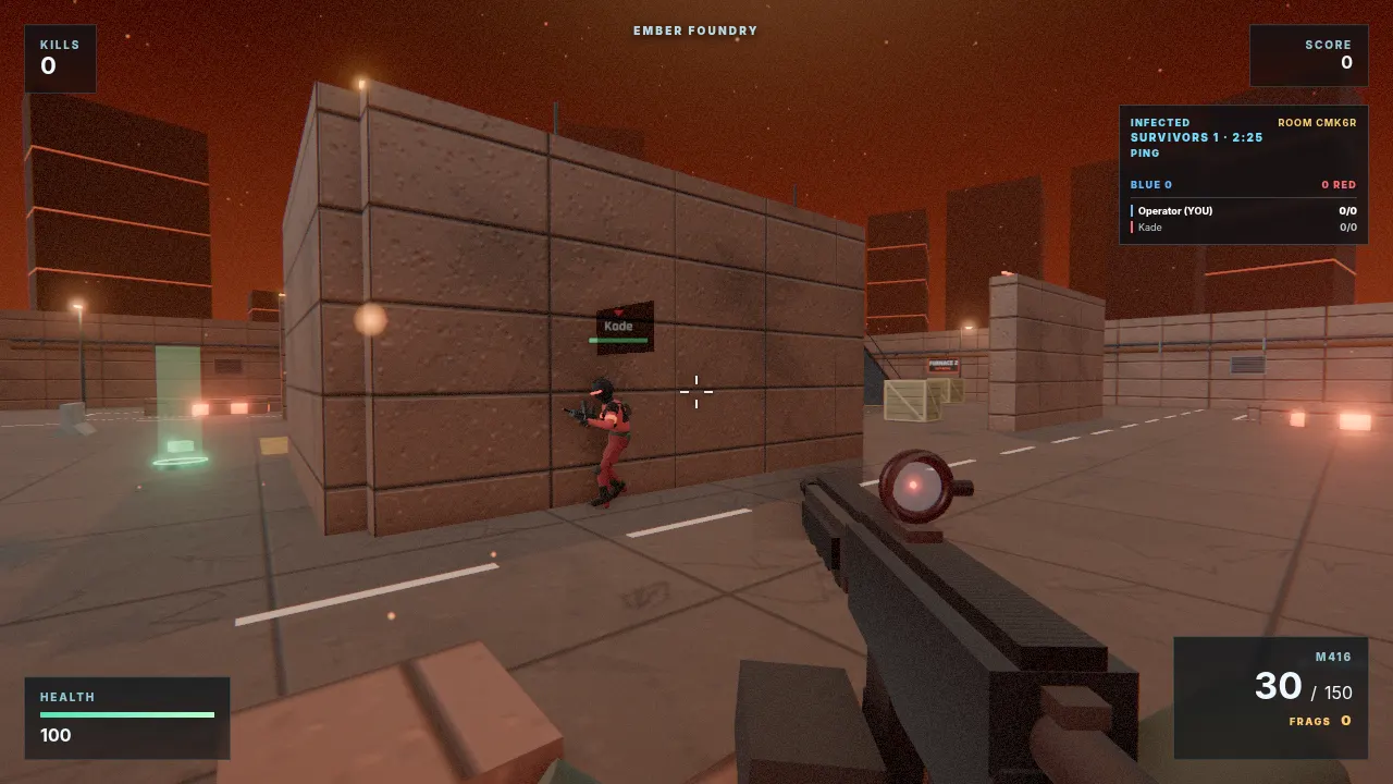An online Infected round on the Ember Foundry map, with the survivors count and countdown clock on screen