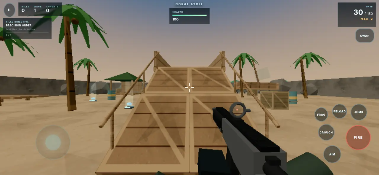 ZeroFront on a phone in landscape with touch controls